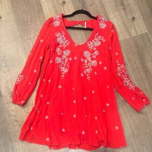 Free People Red Floral Embroidered Dress